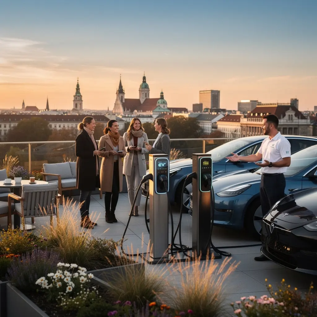 Ein Techniker ГјberprГјft die Ladeinfrastruktur fГјr Elektrofahrzeuge in einer urbanen Umgebung.