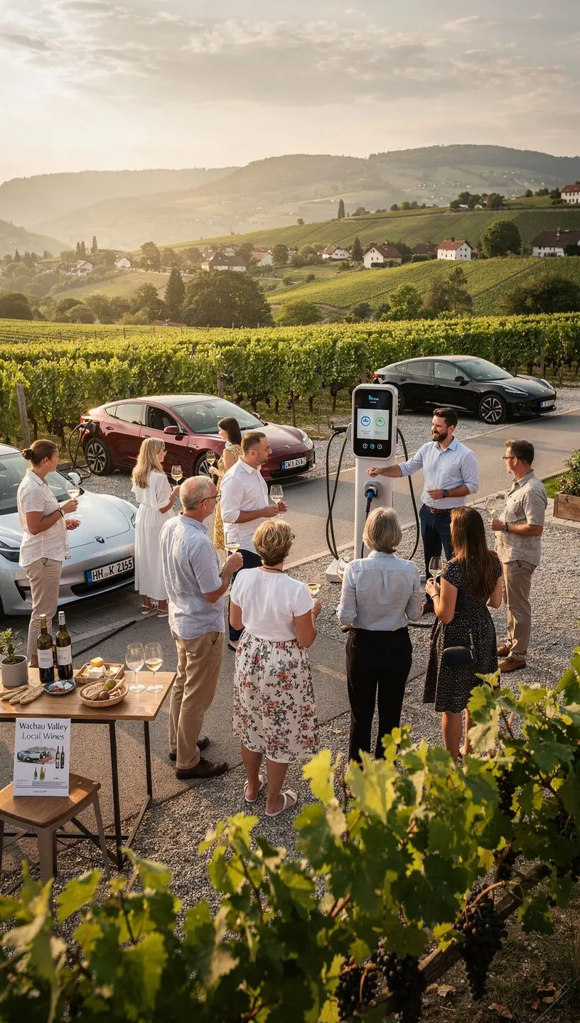 Eine Familie lГ¤dt ihr Elektroauto an einer Г¶ffentlichen Ladestation wГ¤hrend eines Ausflugs.