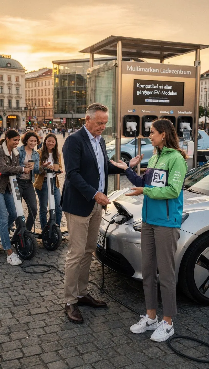 Grafik, die die Vorteile der ElektromobilitГ¤t und die Vielfalt der unterstГјtzten Fahrzeugmarken darstellt.
