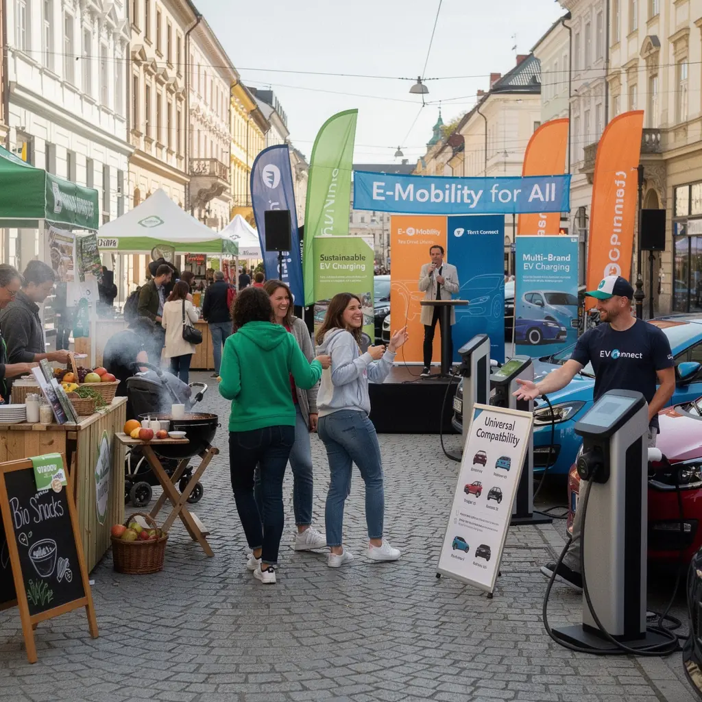 Diverse Elektrofahrzeuge stehen an einer multifunktionalen Ladeeinheit in einer Parklandschaft