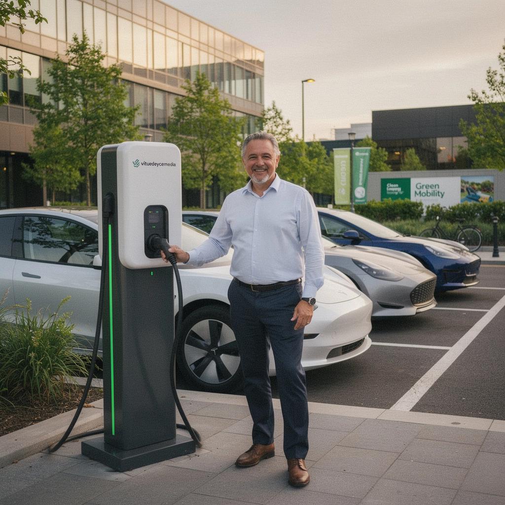 Symbolische Darstellung eines Elektroautos, das an einer universellen Ladestation lädt